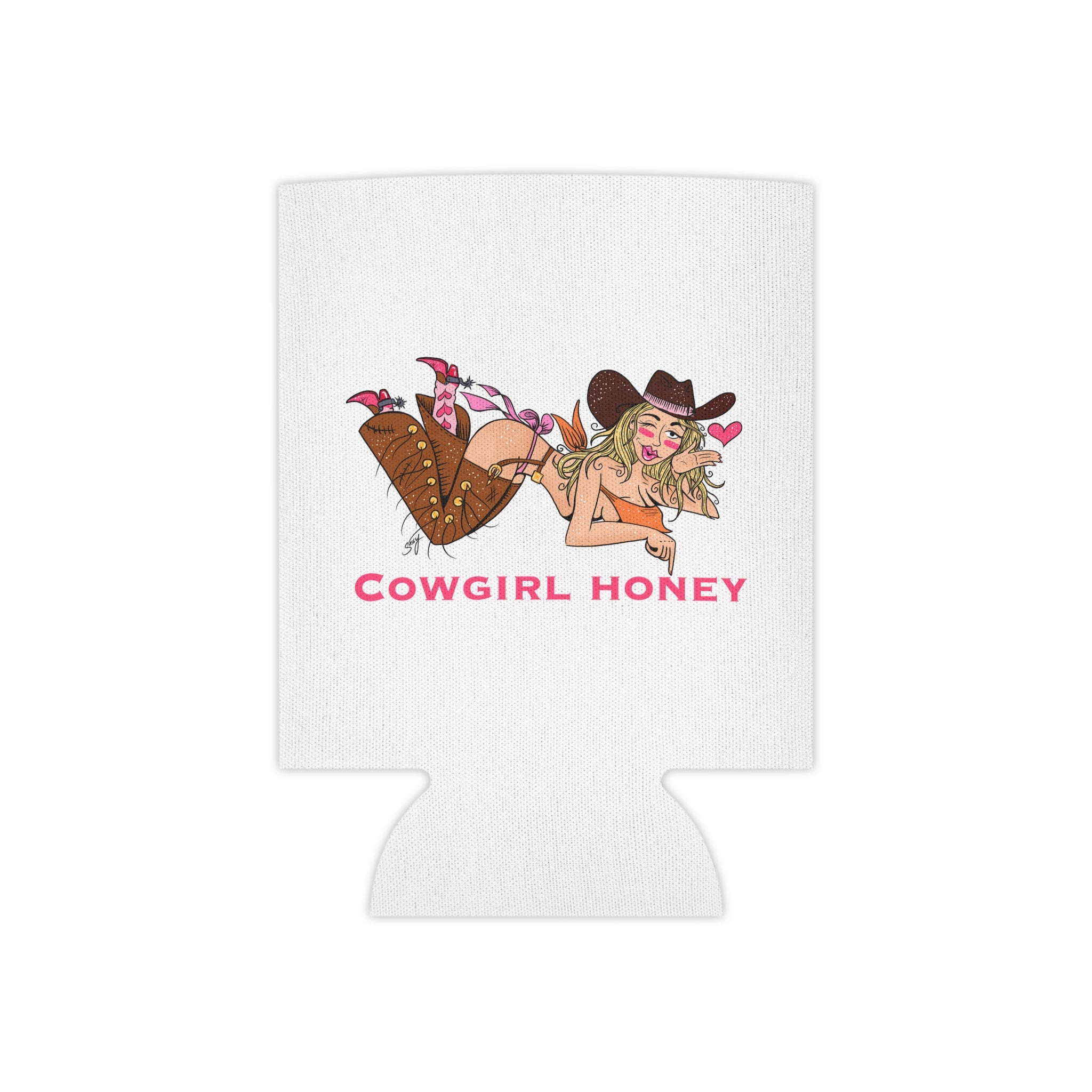 Can Cooler — "Cowgirl Honey" Retro Pinup Drink Koozie (QR Code Back)