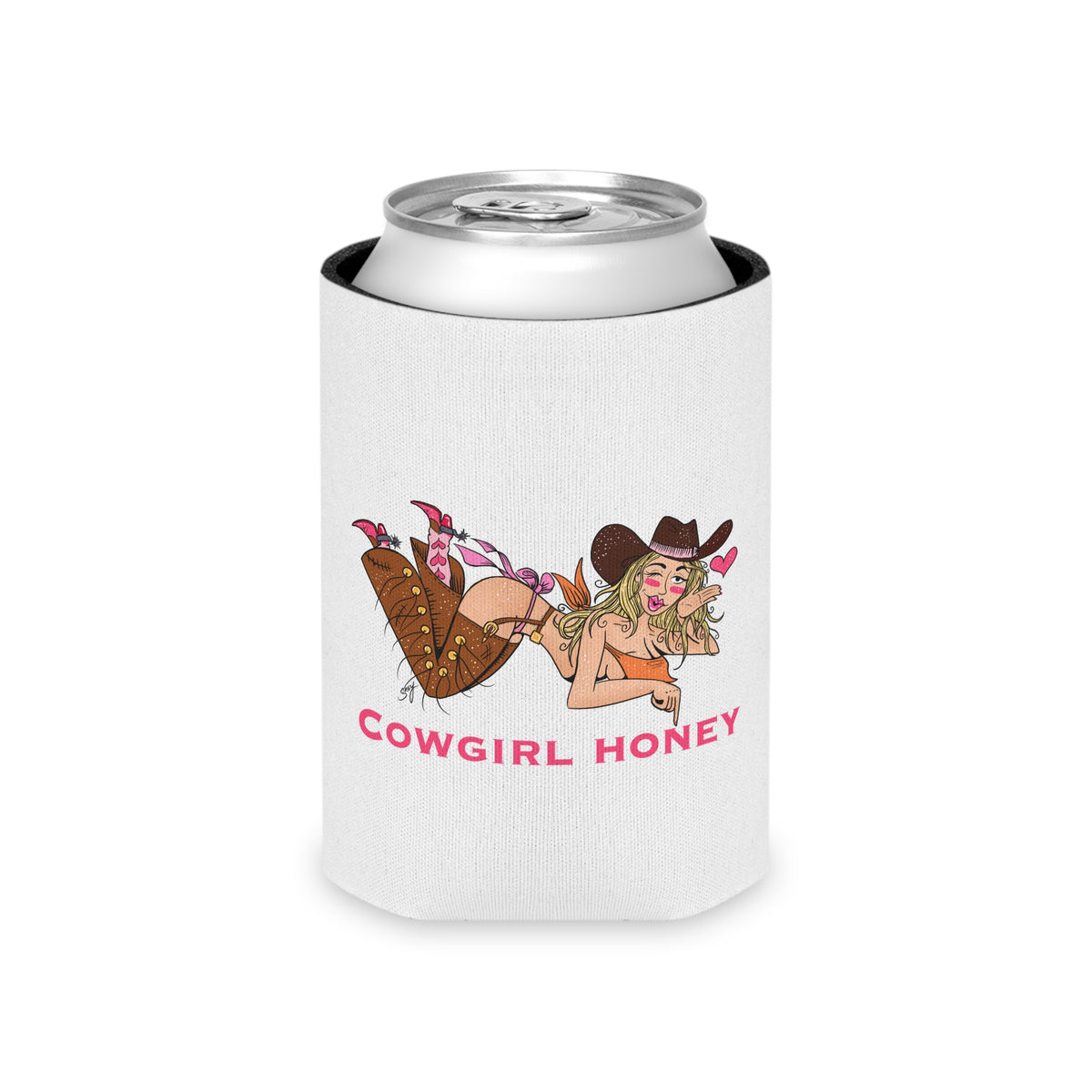 Can Cooler — "Cowgirl Honey" Retro Pinup Drink Koozie (QR Code Back)